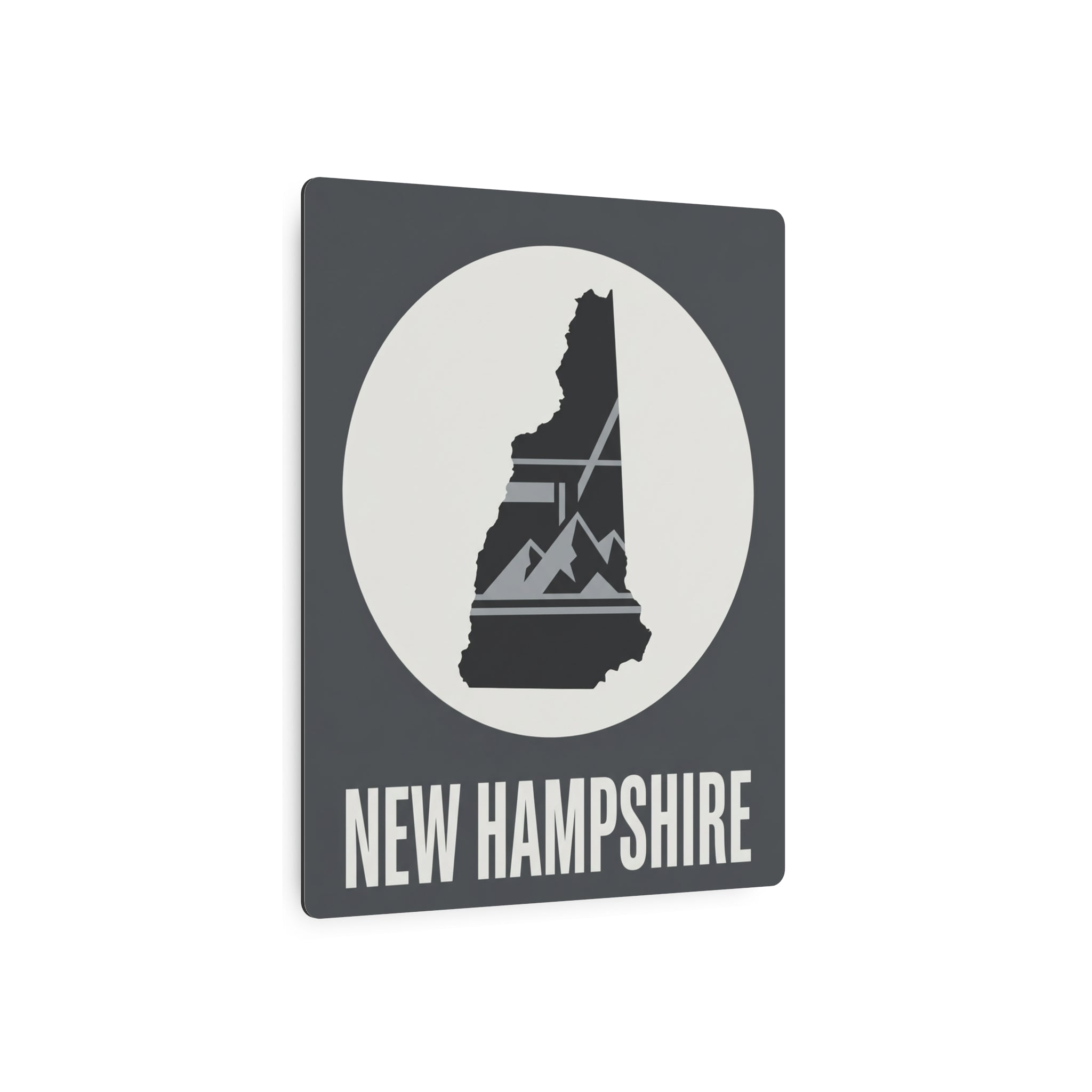 Metal wall art sign, angled view, with New Hampshire silhouette and "NEW HAMPSHIRE" text