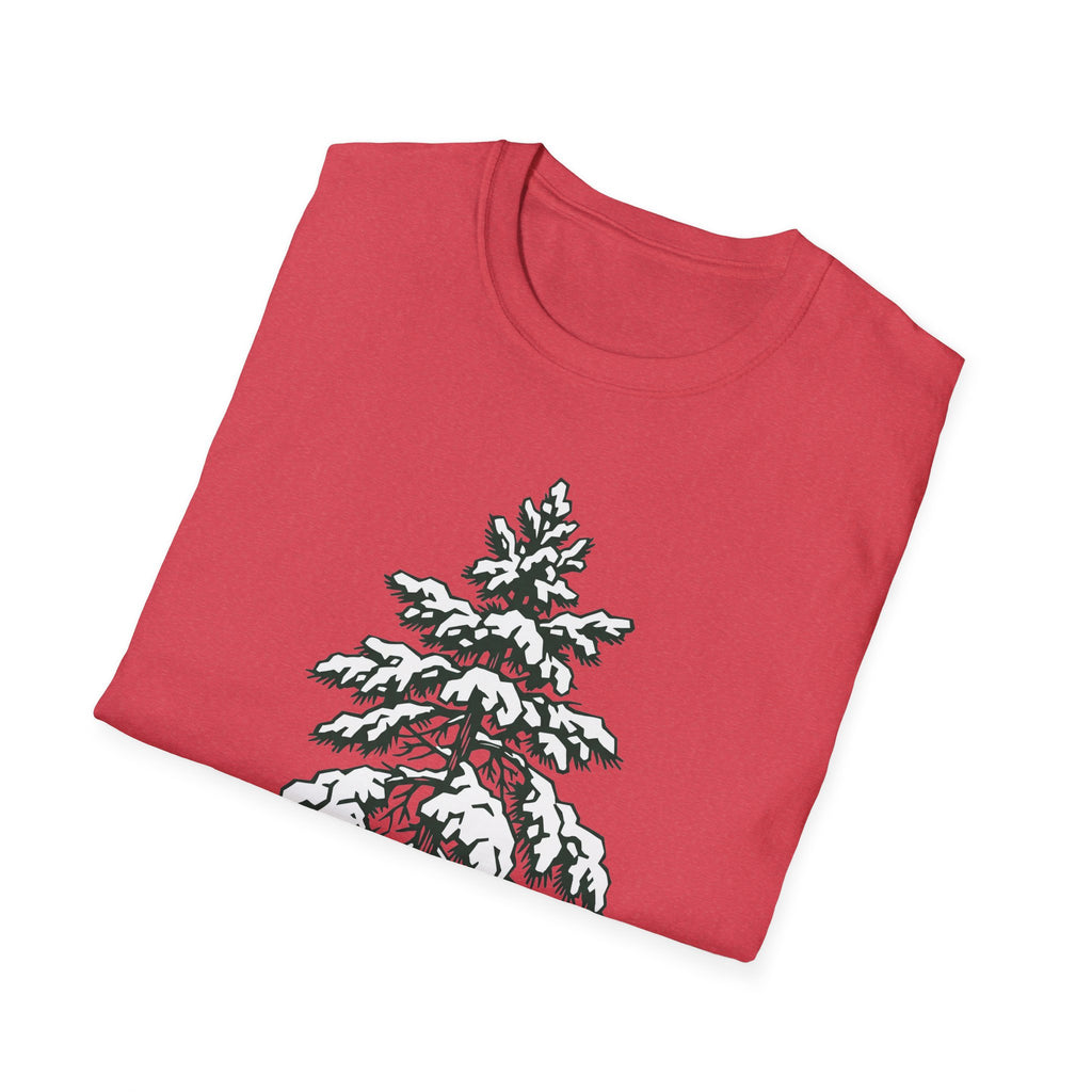 Red T-shirt with snowy pine tree graphic on the front
