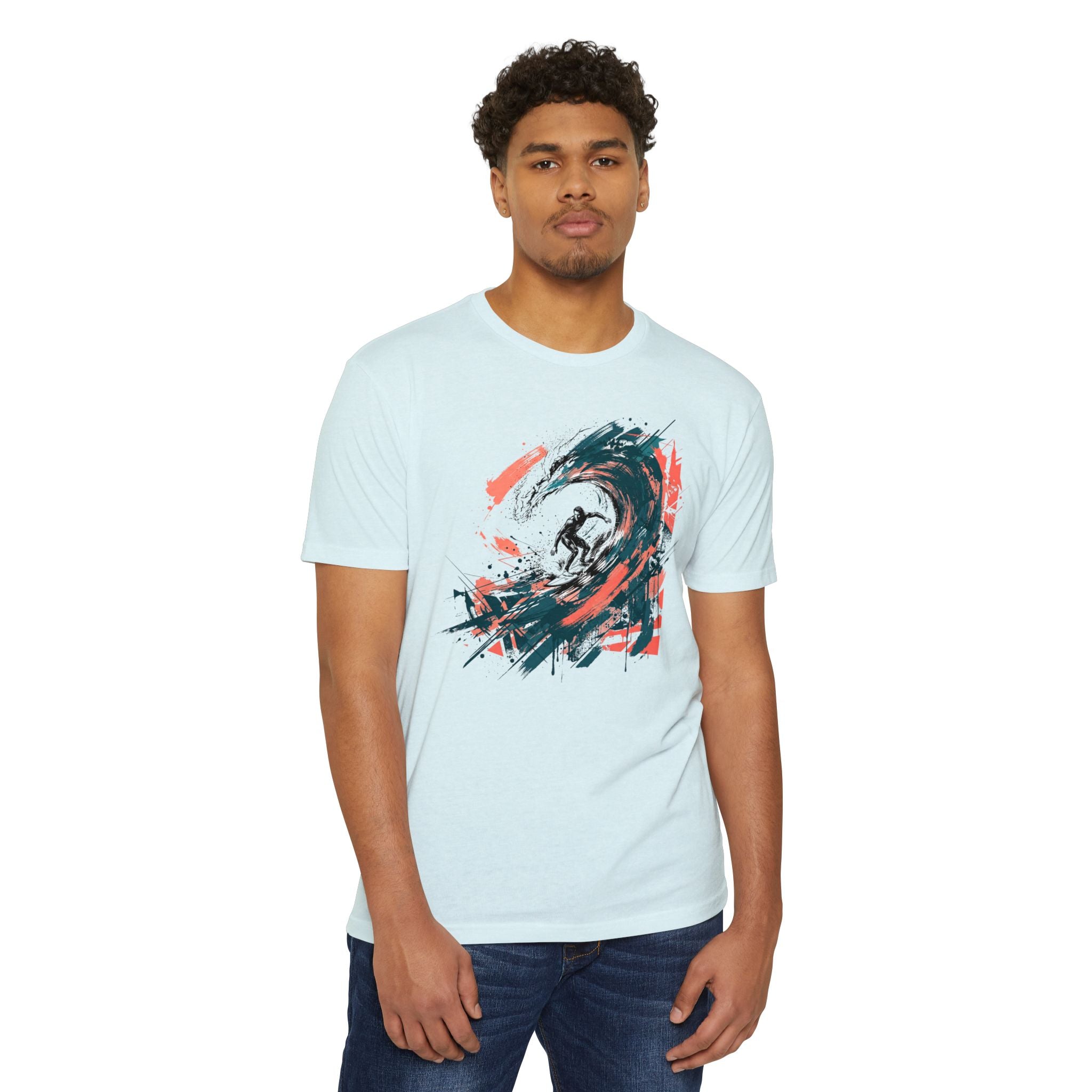 Ice blue T-shirt with abstract wave paintbrush graphic in teal and orange.