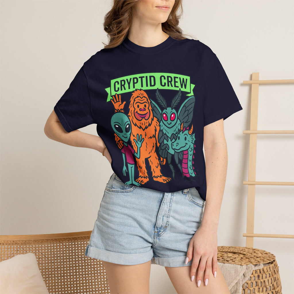 Navy crewneck T-shirt on model with Cryptid Crew graphic