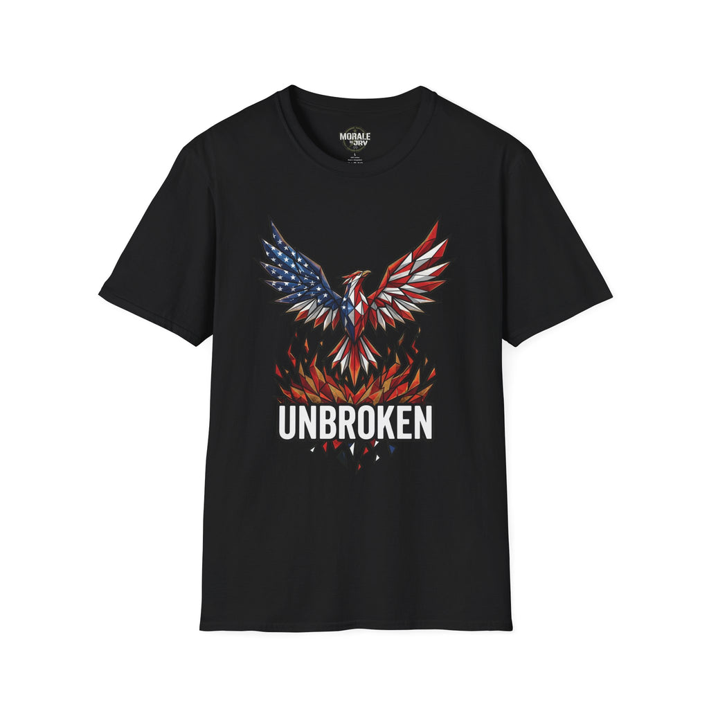 Black T-shirt with "UNBROKEN" eagle phoenix graphic featuring American flag wings