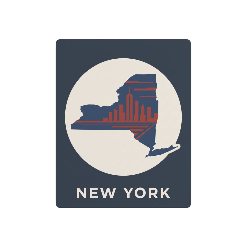 Dark blue square metal wall sign with circular New York skyline map and NEW YORK text