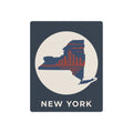 Dark blue square metal wall sign with circular New York skyline map and NEW YORK text