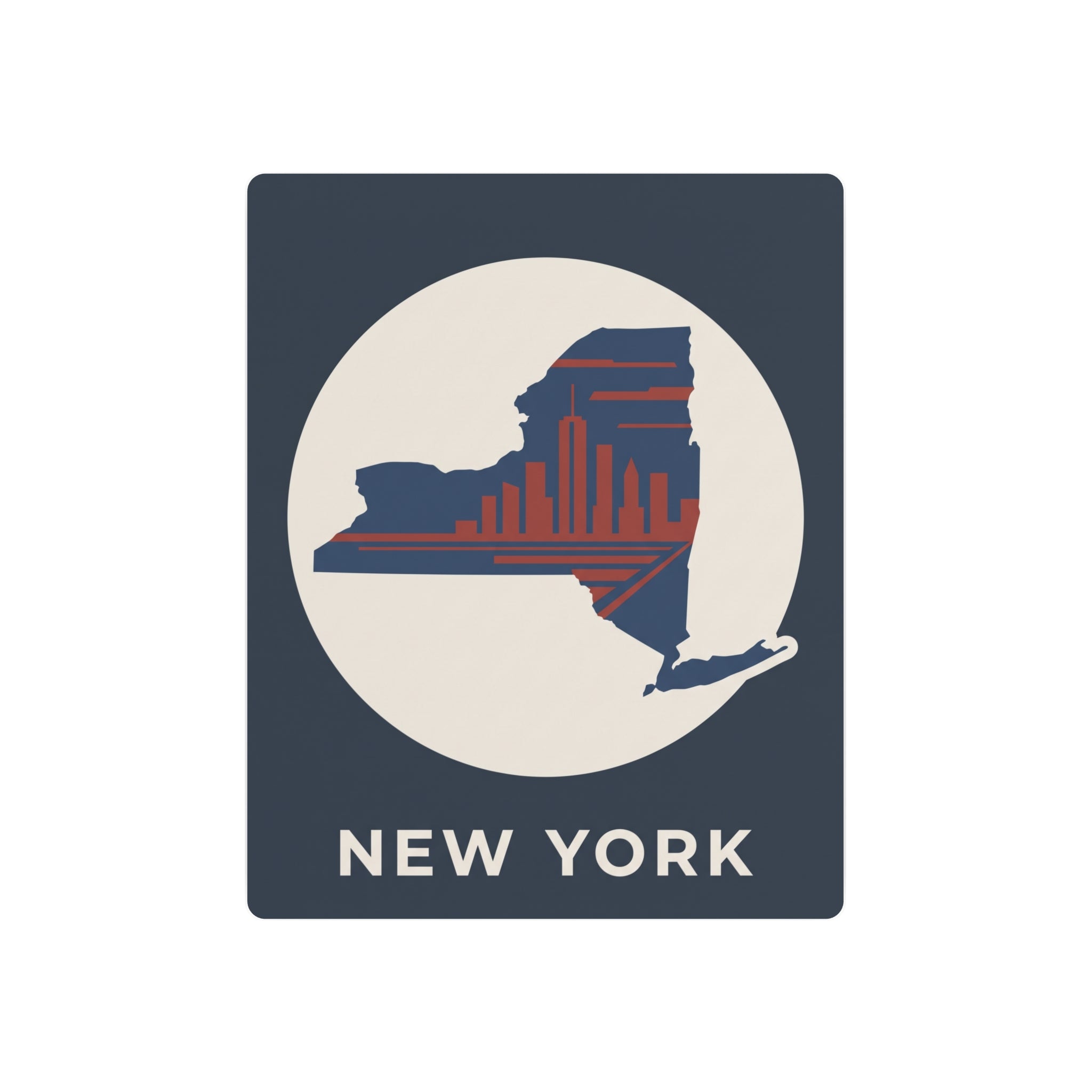 Dark blue square metal wall sign with circular New York skyline map and NEW YORK text
