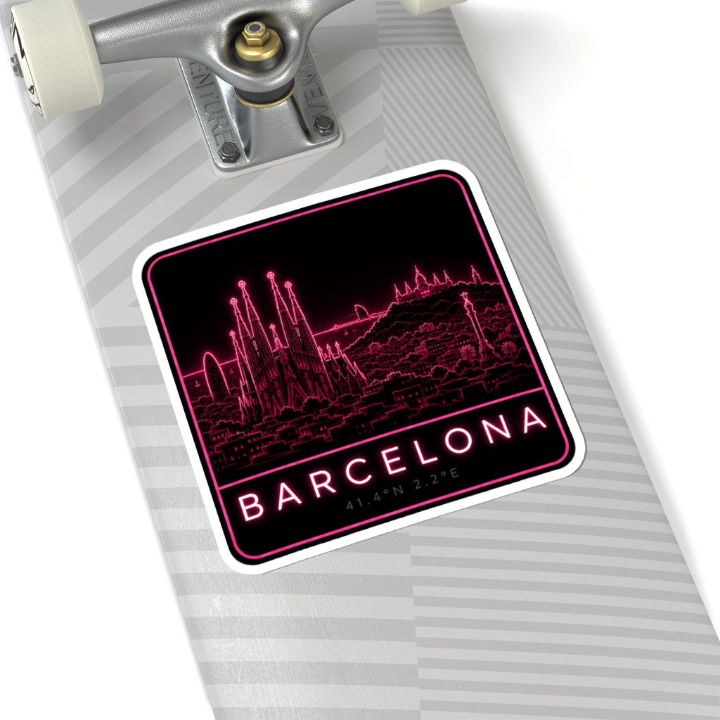 Neon Barcelona skyline vinyl sticker on light gray appliance, pink city lights and “BARCELONA”