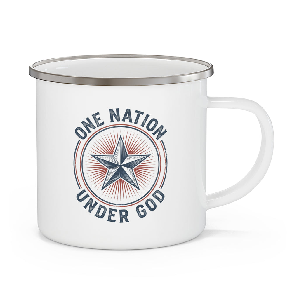 Enamel camping mug, white with One Nation Under God starburst logo
