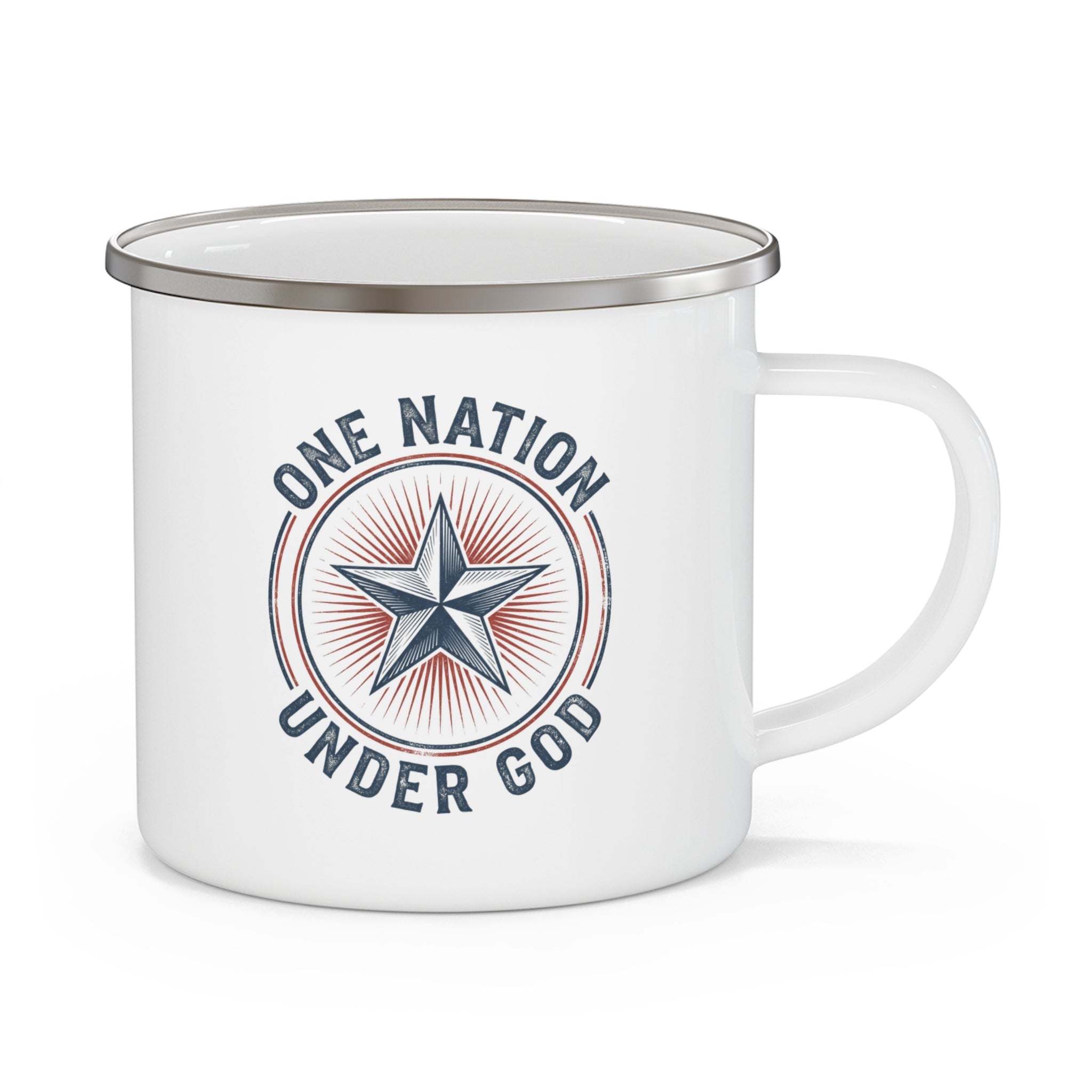 Enamel camping mug, white with One Nation Under God starburst logo