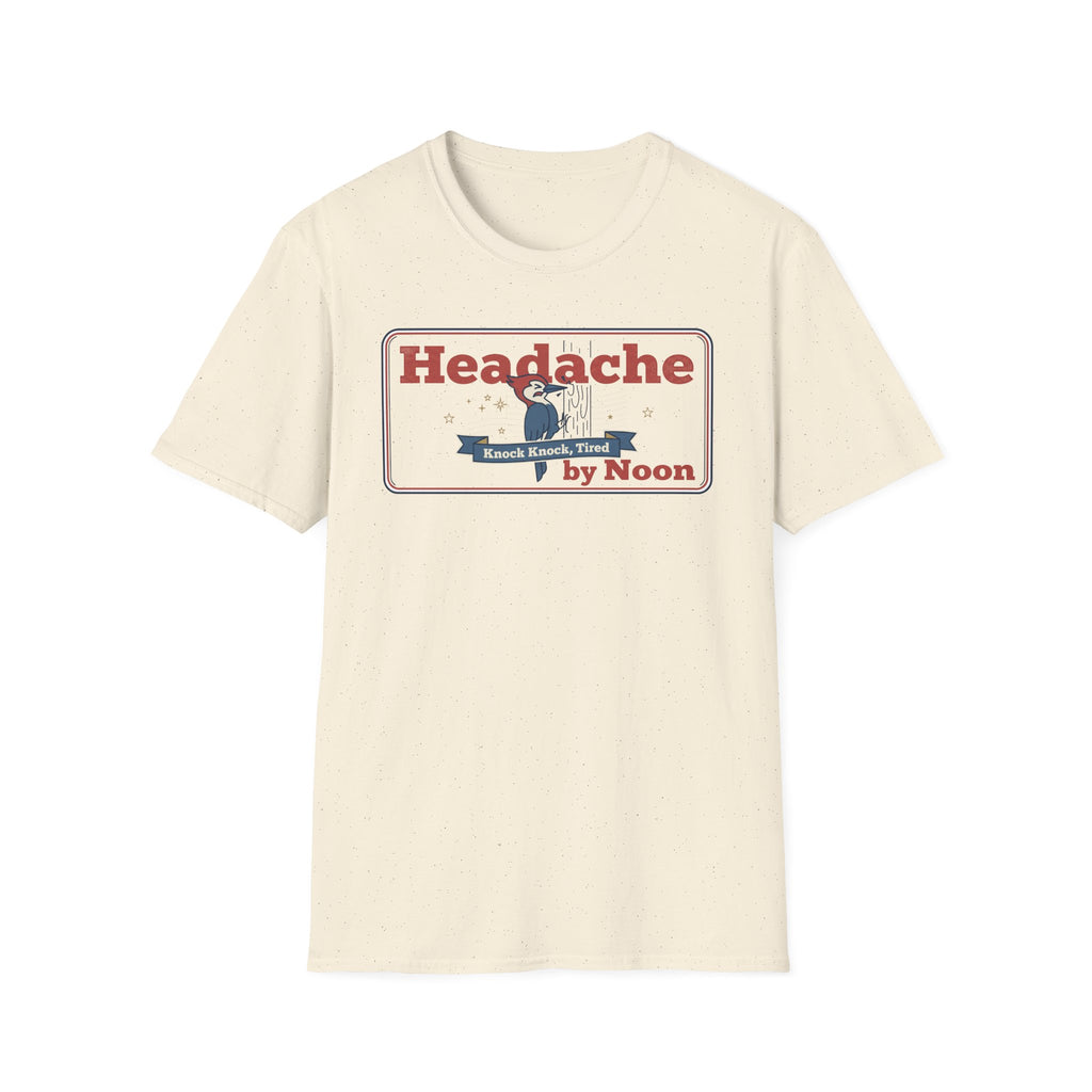Cream crewneck T-shirt with 'Headache' graphic badge front