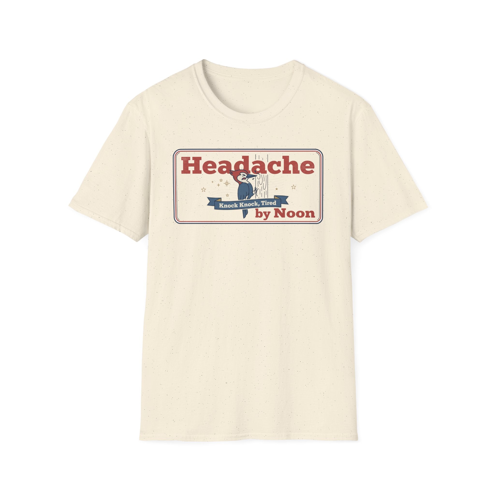 Cream crewneck T-shirt with 'Headache' graphic badge front