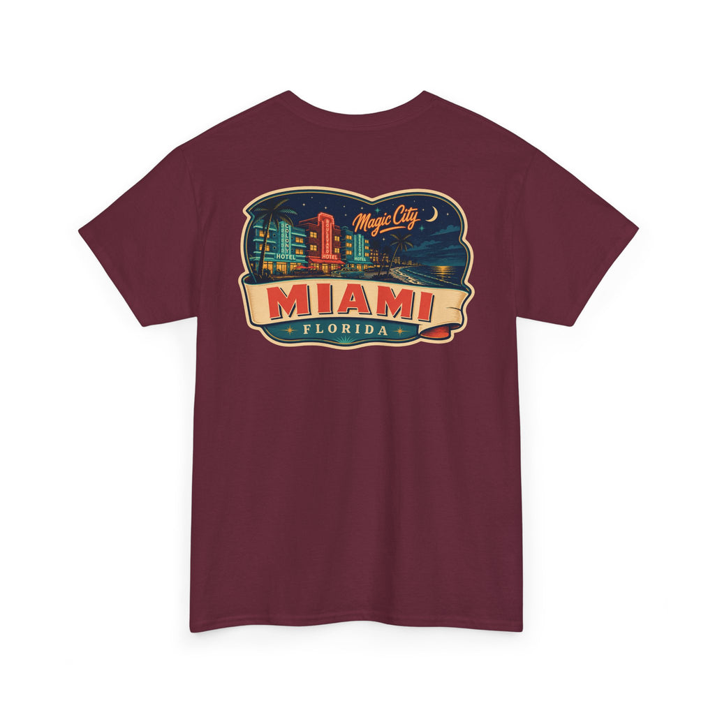 Burgundy T-shirt with Miami luggage tag graphic on the chest