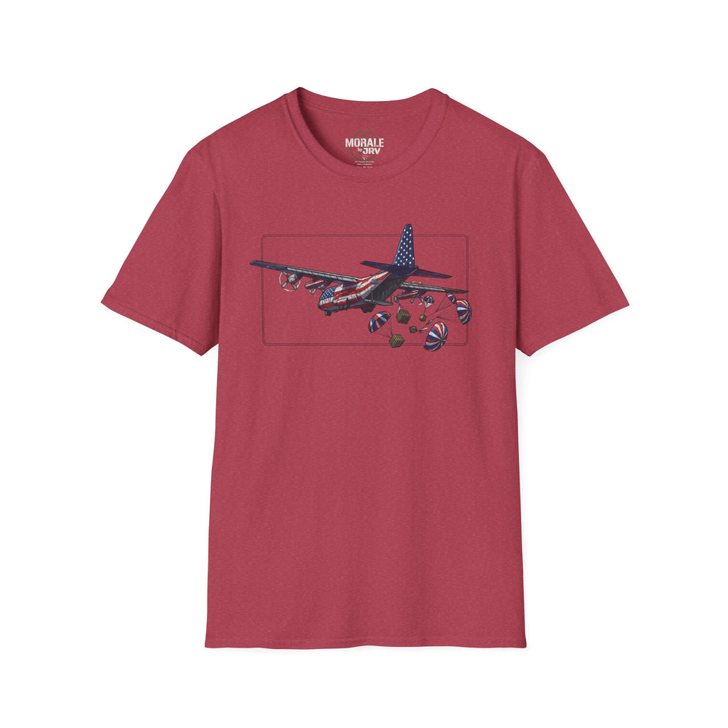 Bordeauxrotes C-130 T‑Shirt mit Grafik von Flugzeug und Fallschirm-Paketen im Rahmen