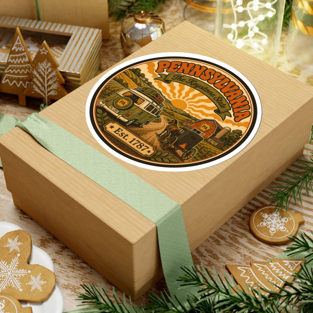 Oval Pennsylvania sticker on wrapped gift box with vintage van and Amish buggy art