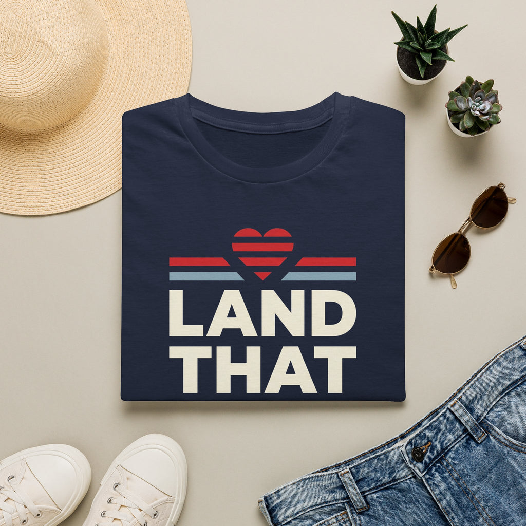 Navy crewneck unisex T-shirt with retro heart graphic and 'LAND THAT' print