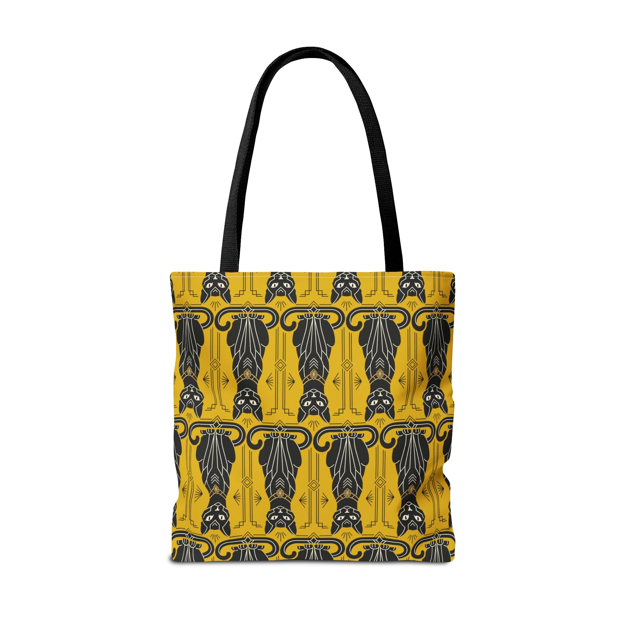 Yellow tote bag with black Art Nouveau cat pattern and black top handles