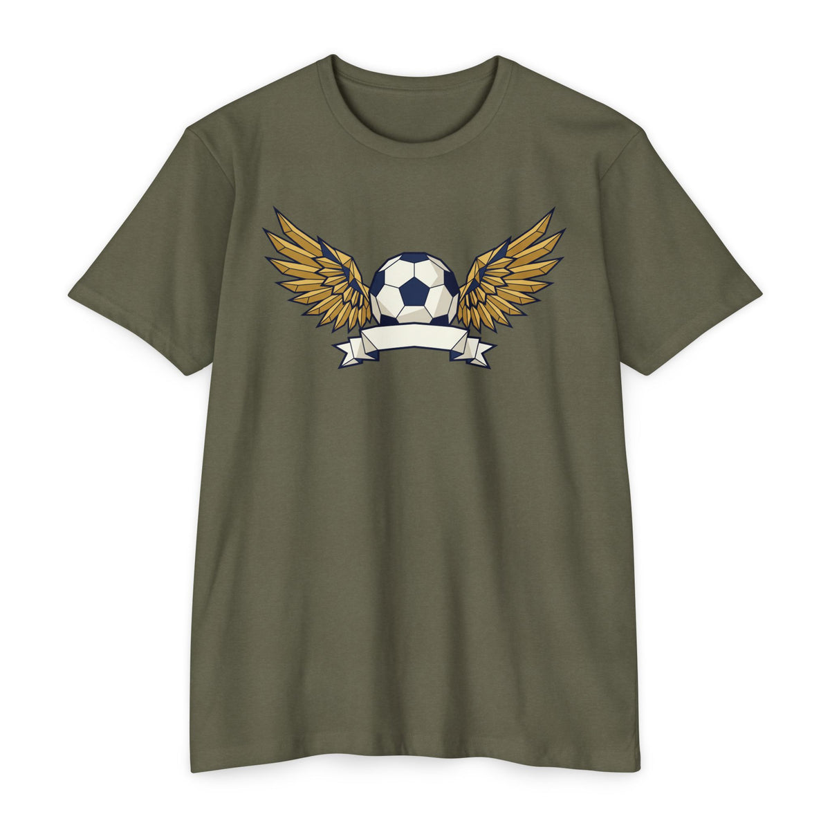 Personalized soccer T-shirt in dark olive green with winged soccer ball graphic
