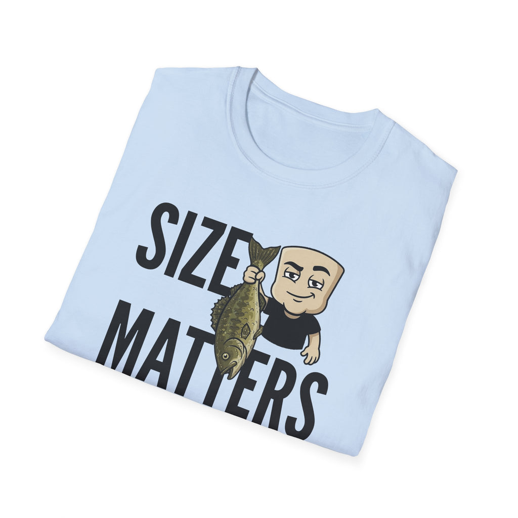 Light blue T-shirt with “SIZE MATTERS” text and a cartoon fisherman holding a fish.