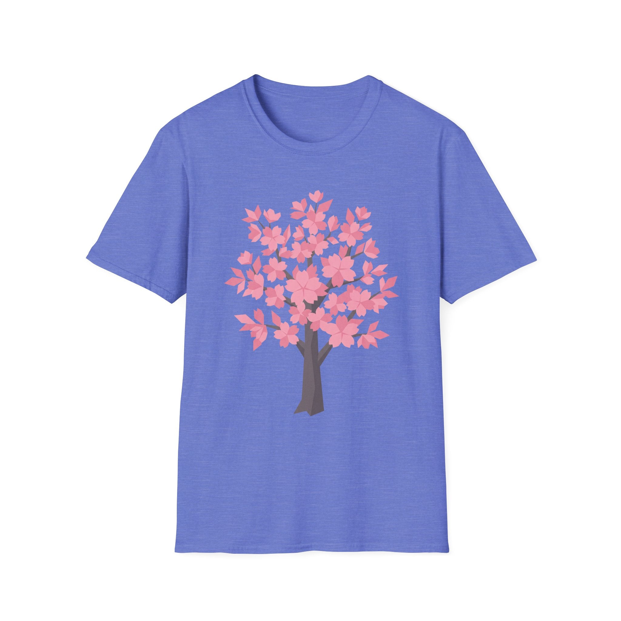 Cherry blossom tree T-shirt, pink floral design on lavender blue front