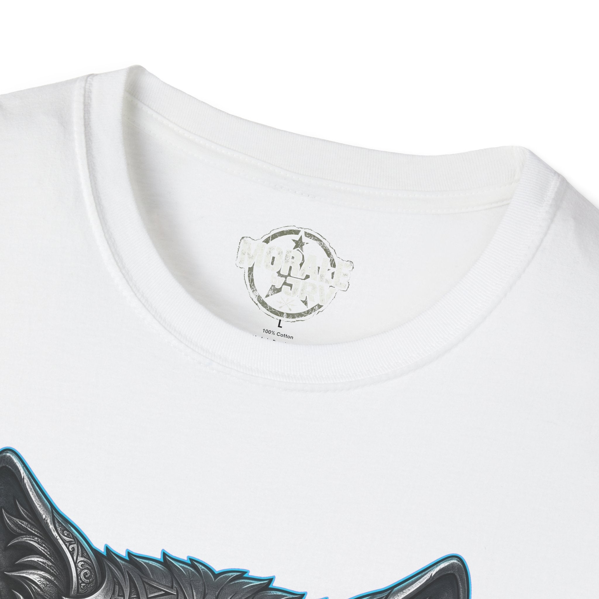 White T-shirt neckline close-up with small logo patch above the collar