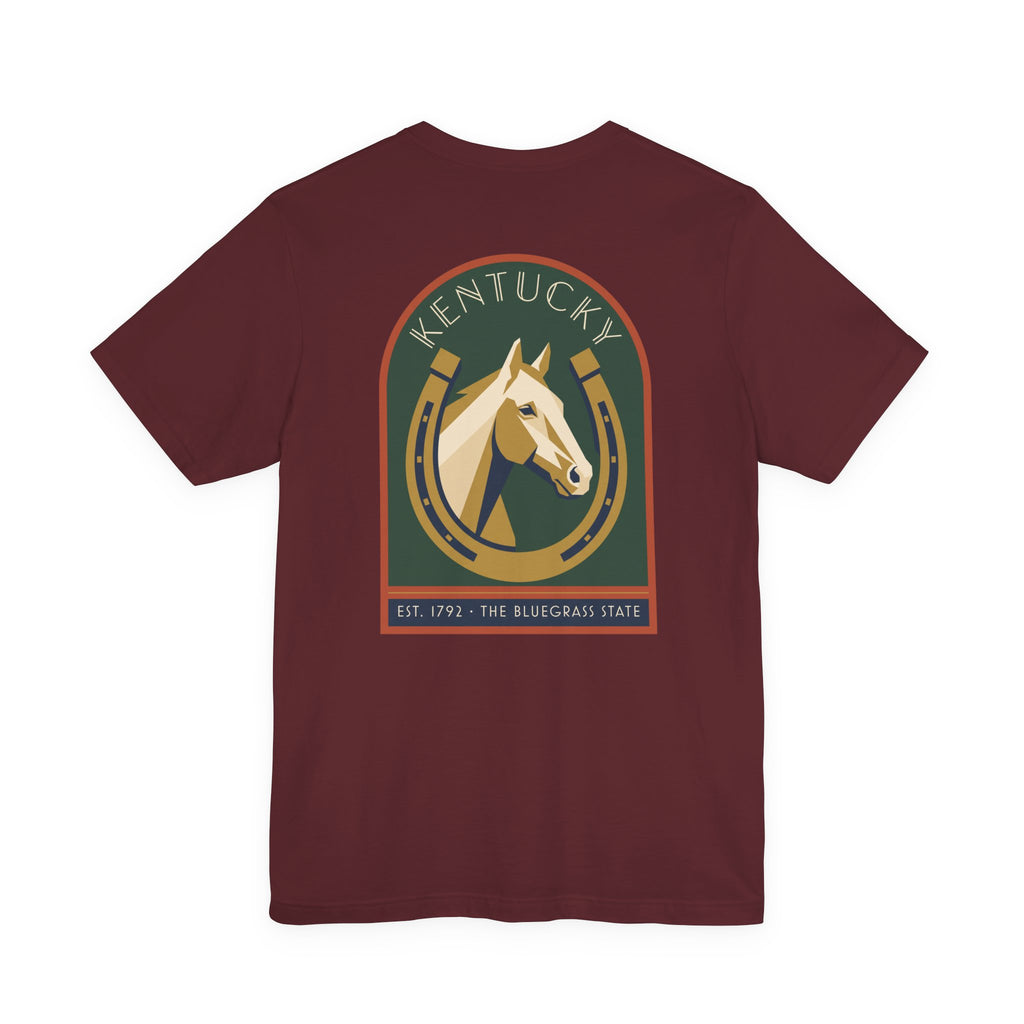 Burgundy T-shirt with centered circular horse graphic and text print on front