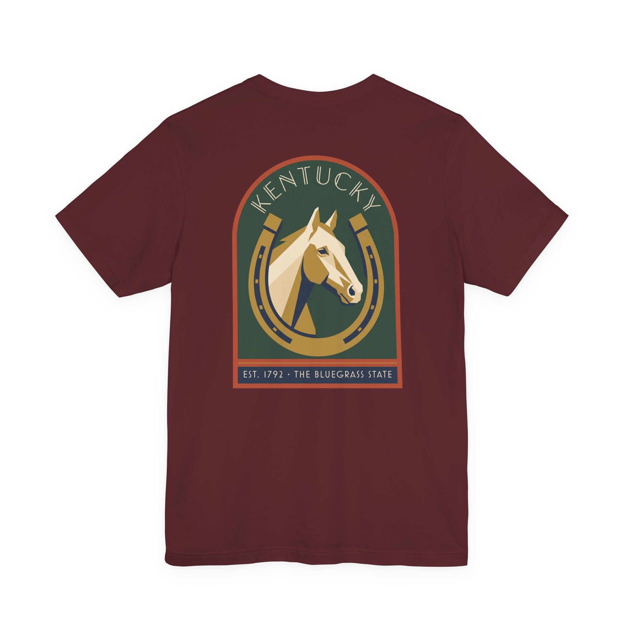 Burgundy T-shirt with centered circular horse graphic and text print on front
