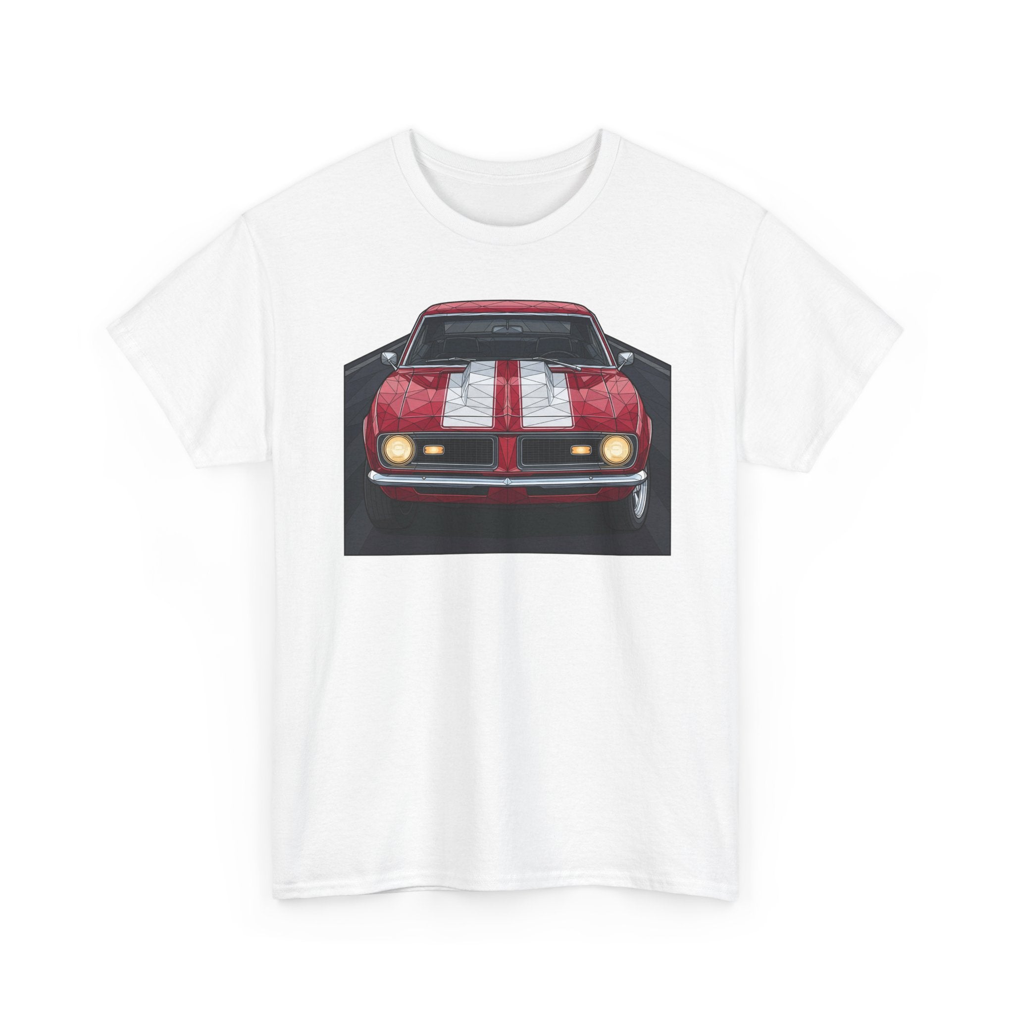 White crew-neck tee with red vintage car front graphic on the chest
