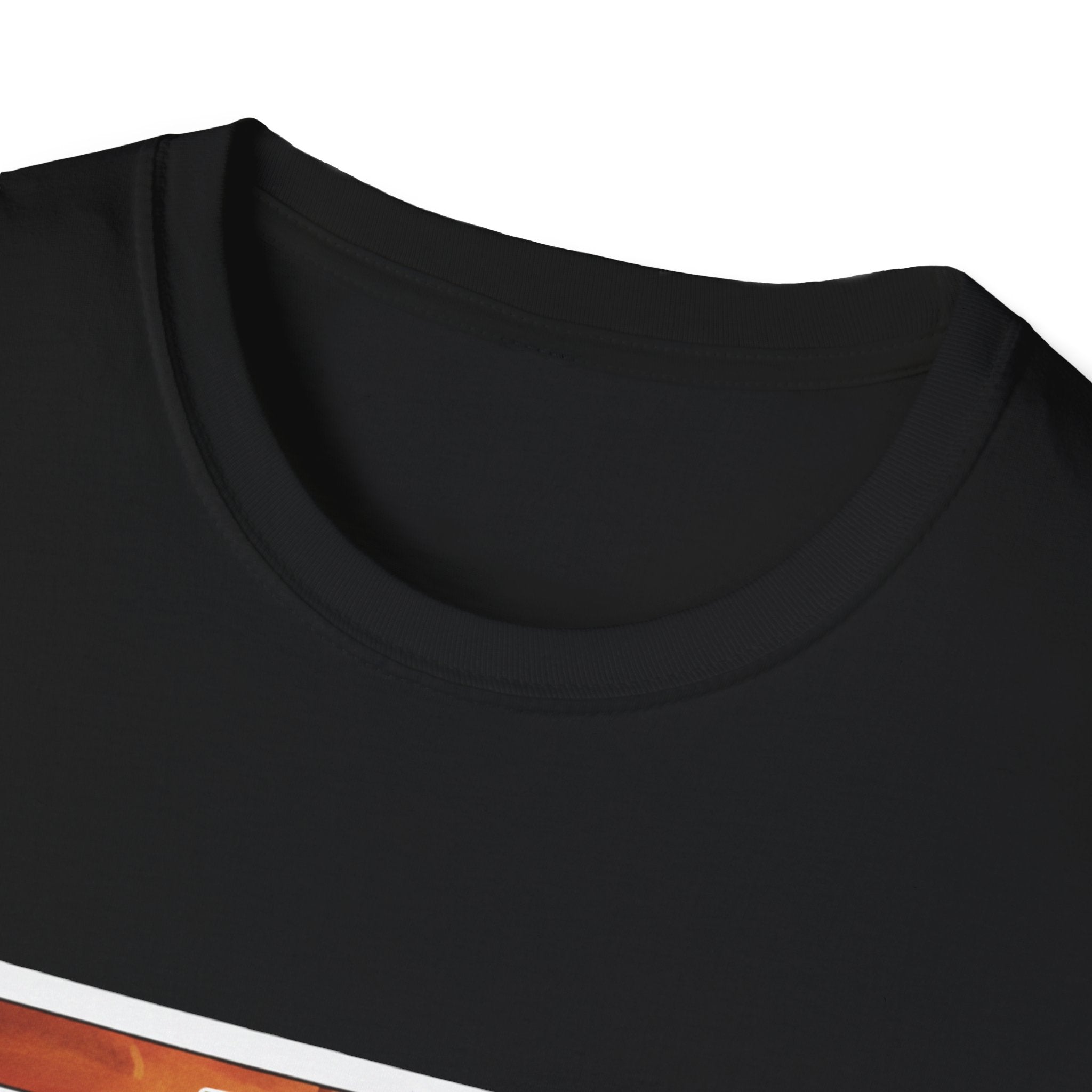 Black T-shirt neckline and collar seam close-up