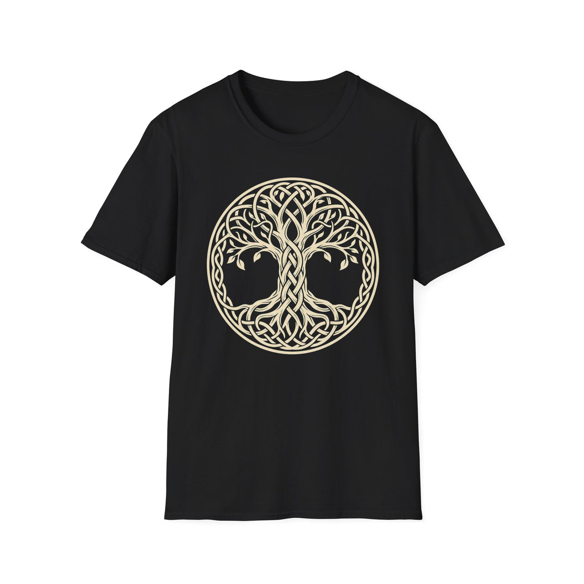Black Tree of Life knotwork t-shirt with gold circular tree graphic