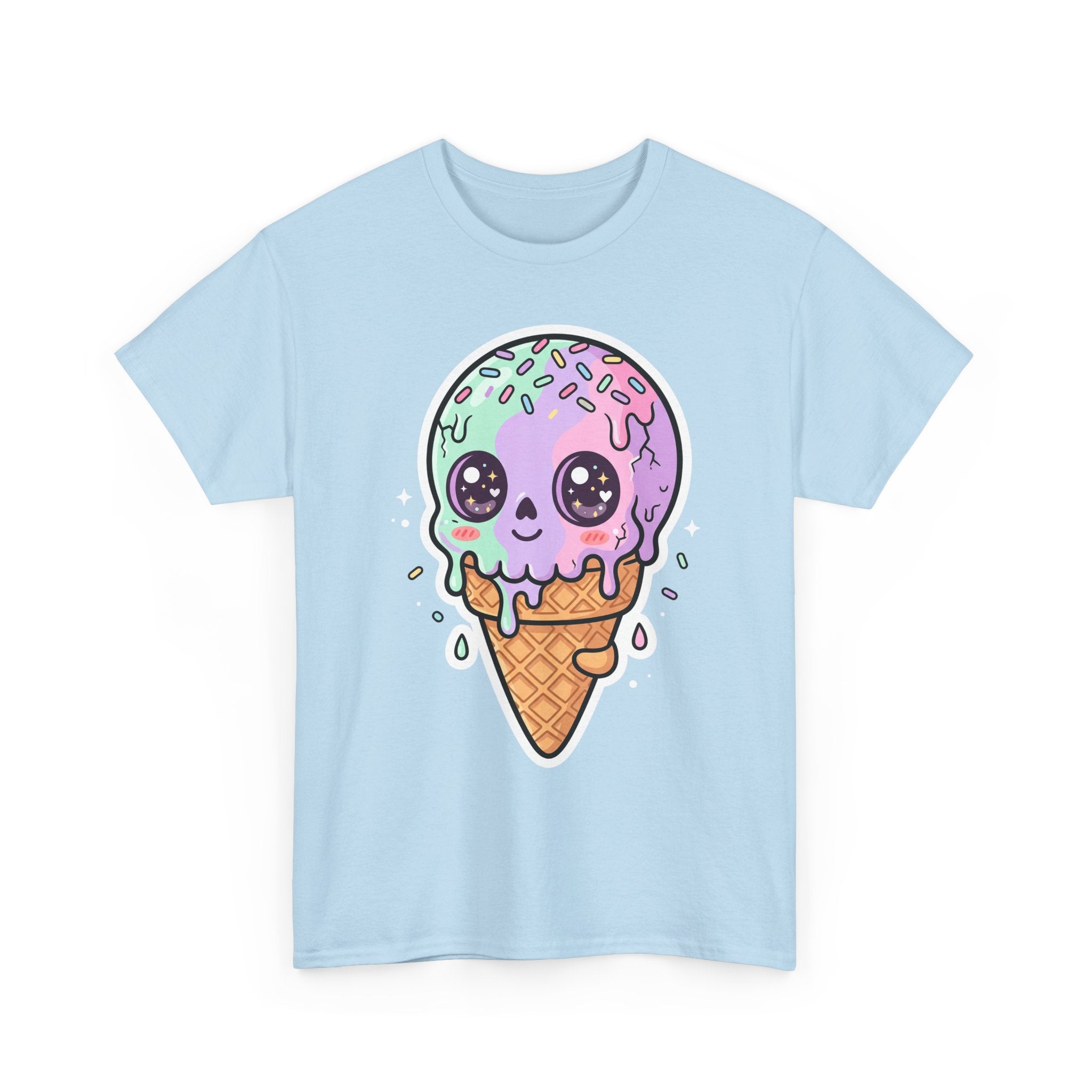Light blue T-shirt with purple melting ice cream cone face graphic