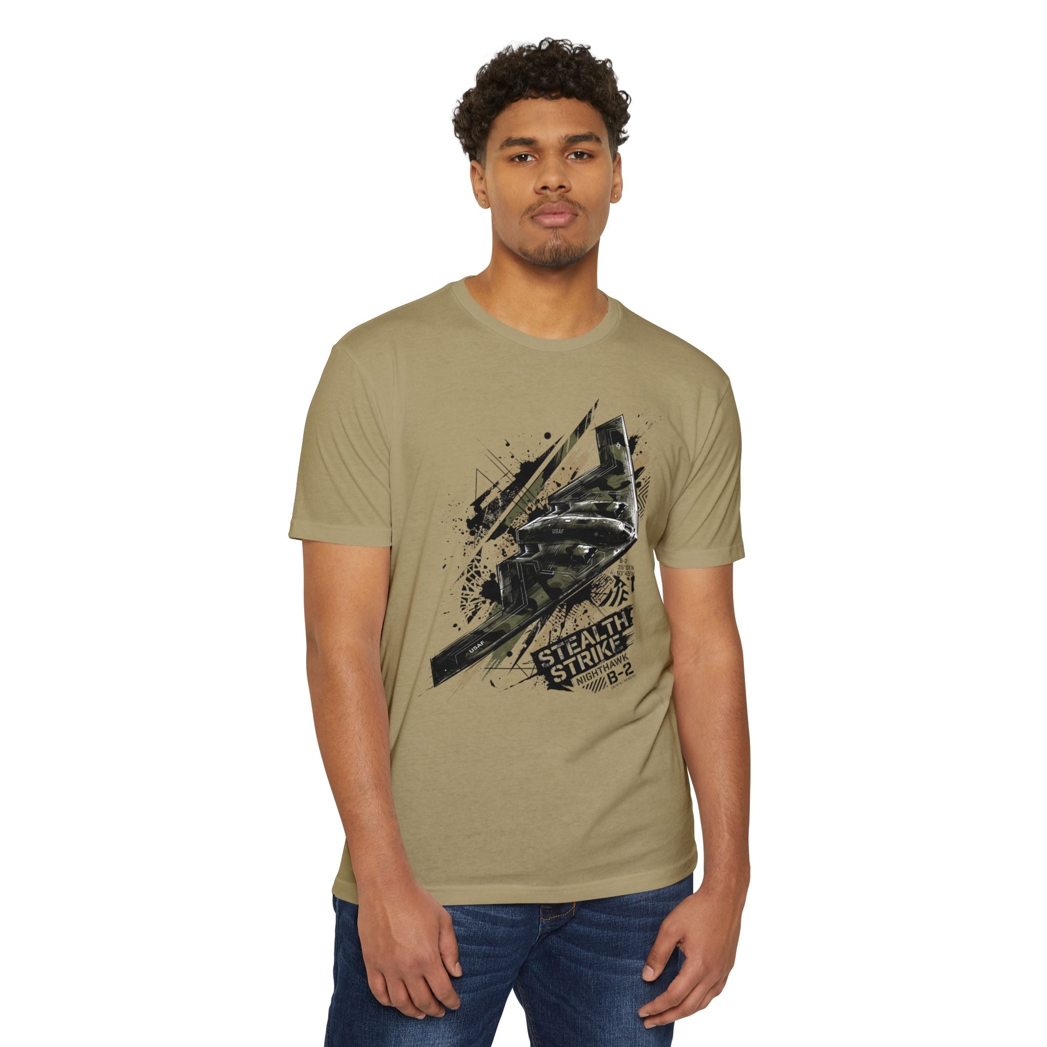 Olive B-2 bomber graphic t-shirt, short sleeves and crew neck