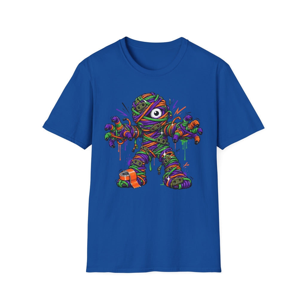 Blue crew-neck T-shirt with colorful wrapped monster mummy illustration