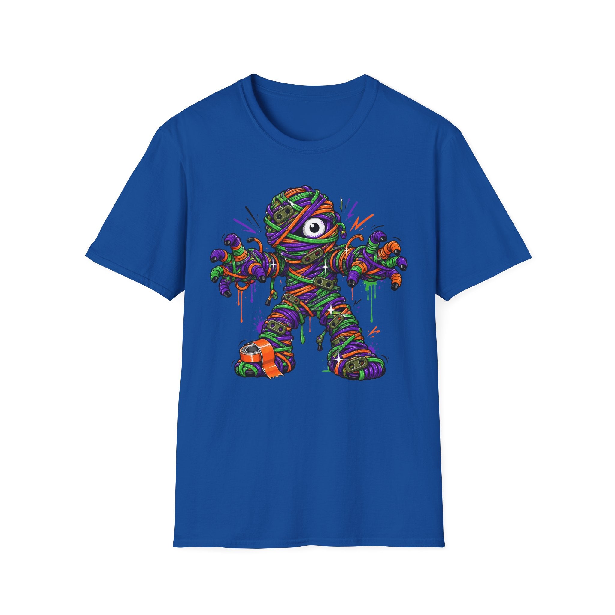 Blue crew-neck T-shirt with colorful wrapped monster mummy illustration
