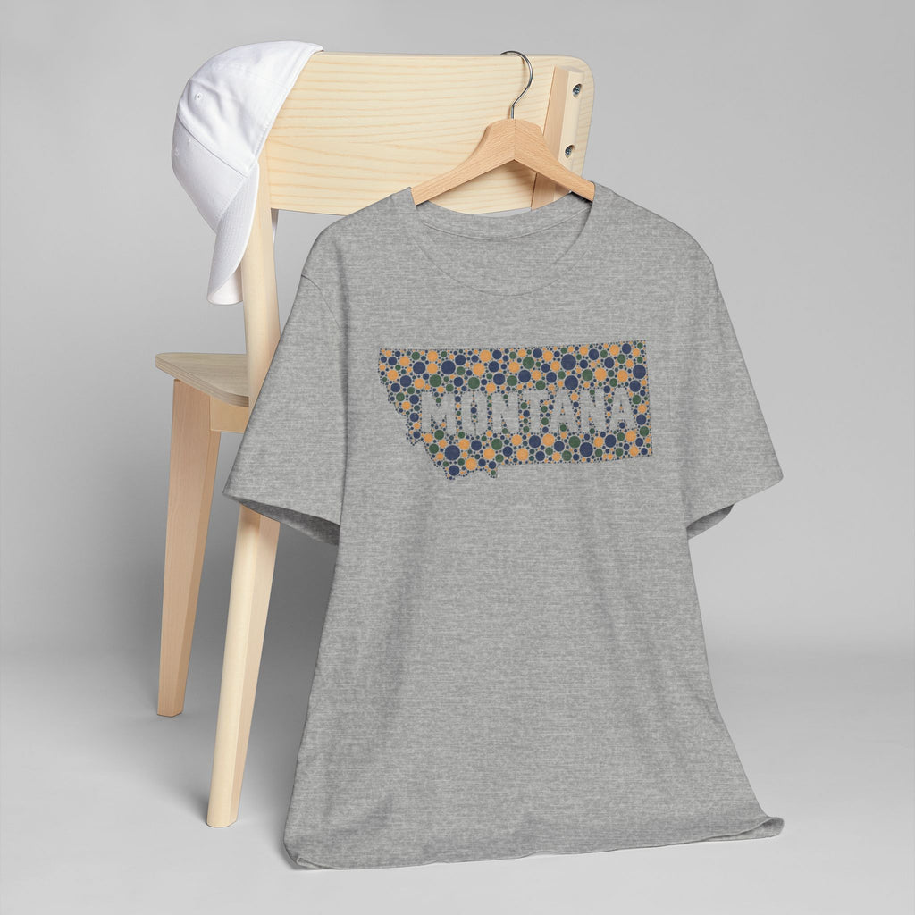 Heather gray crew-neck t-shirt with colorful Montana map graphic across chest.