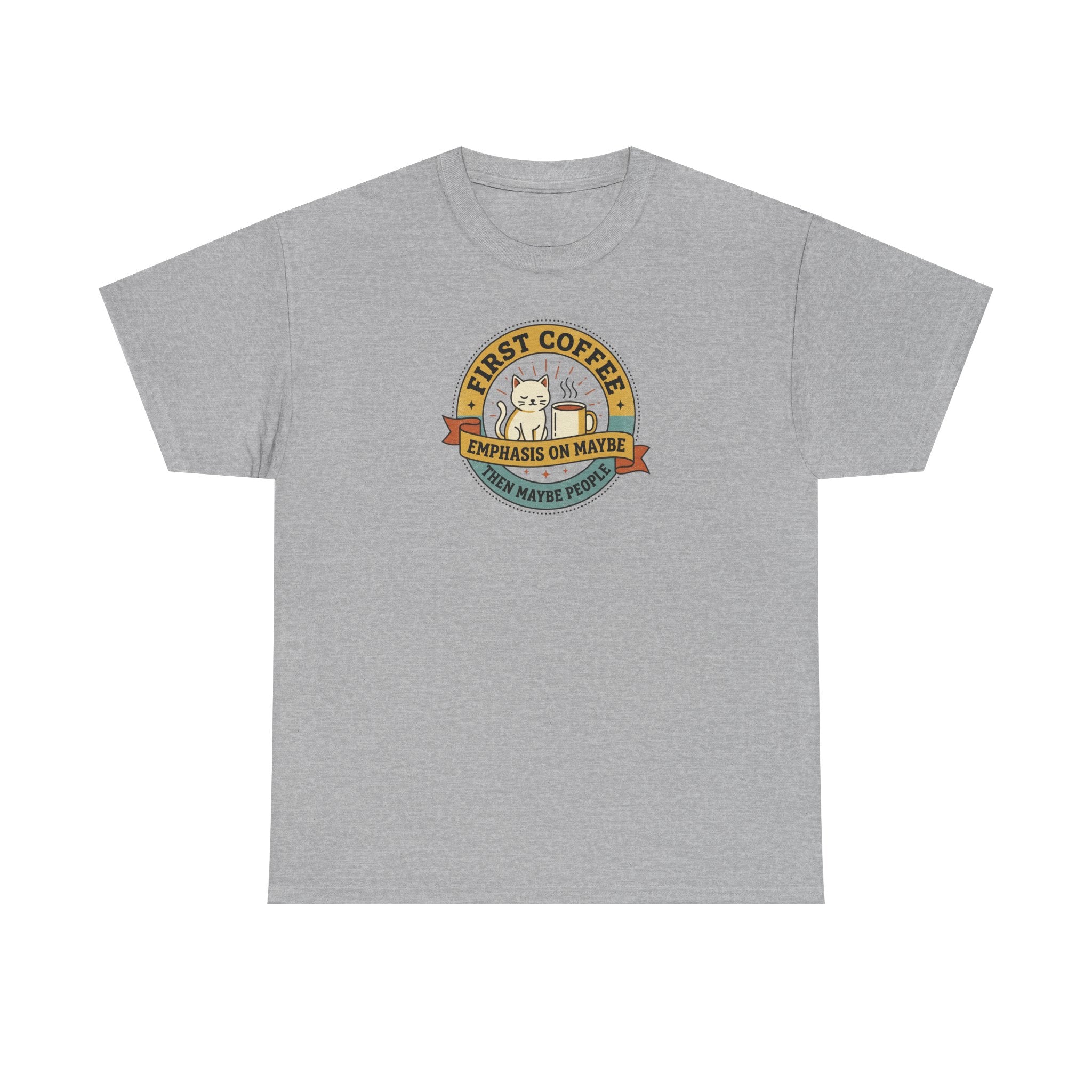 Light gray T-shirt with round “First Coffee” coffee logo graphic on chest.