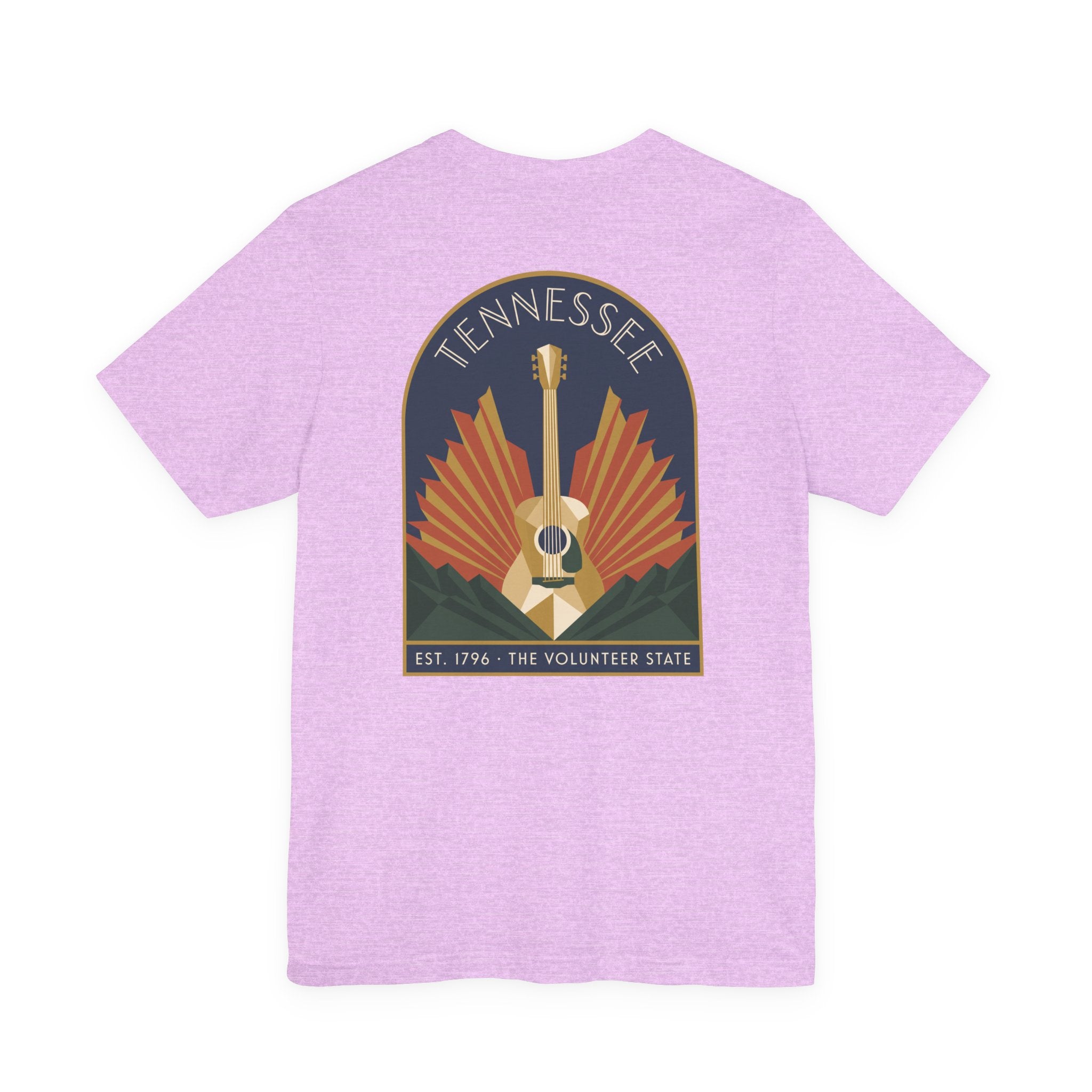 Lavender crew-neck T-shirt with Tennessee guitar art graphic on chest