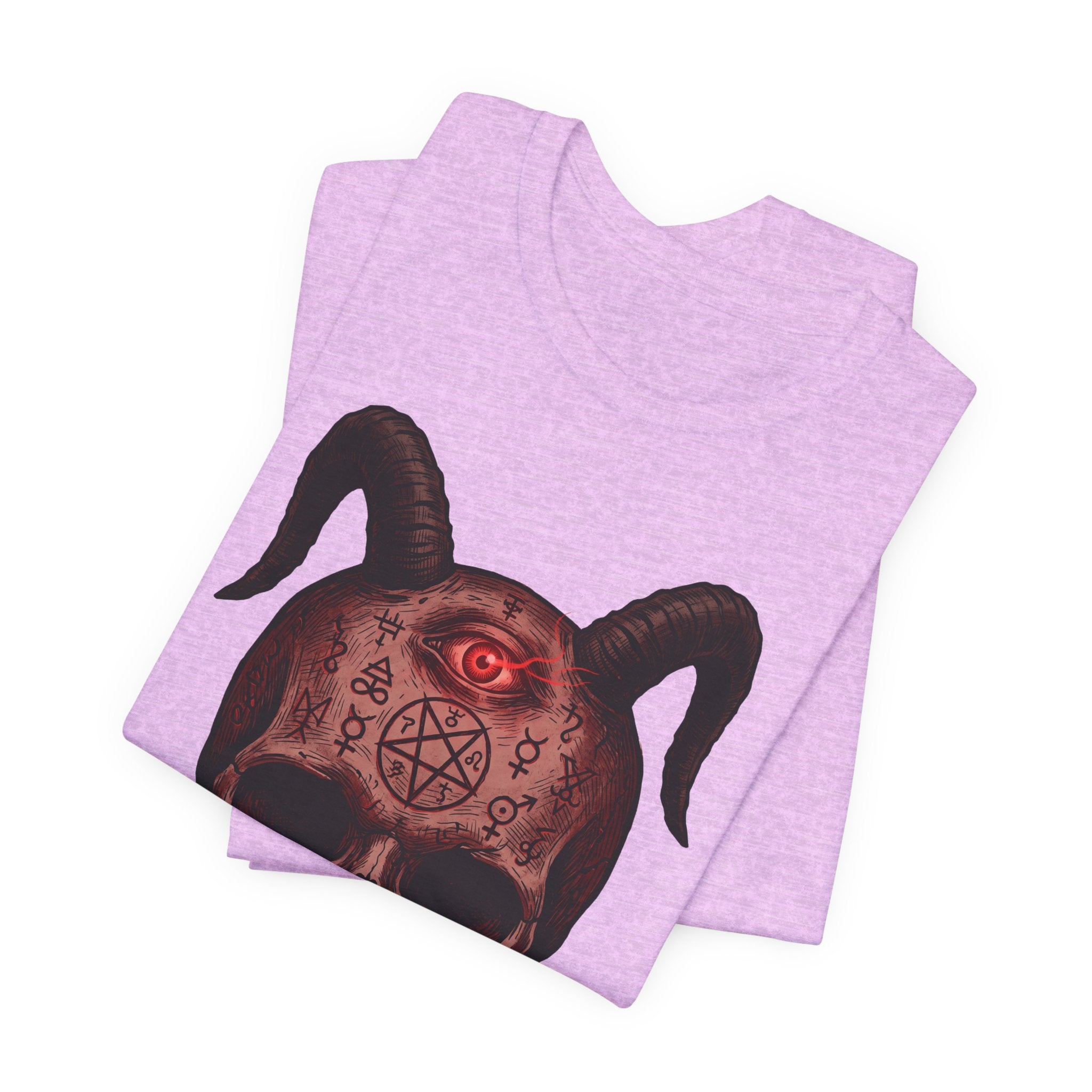 Lilac unisex T-shirt with red demon skull graphic and glowing red eye on front