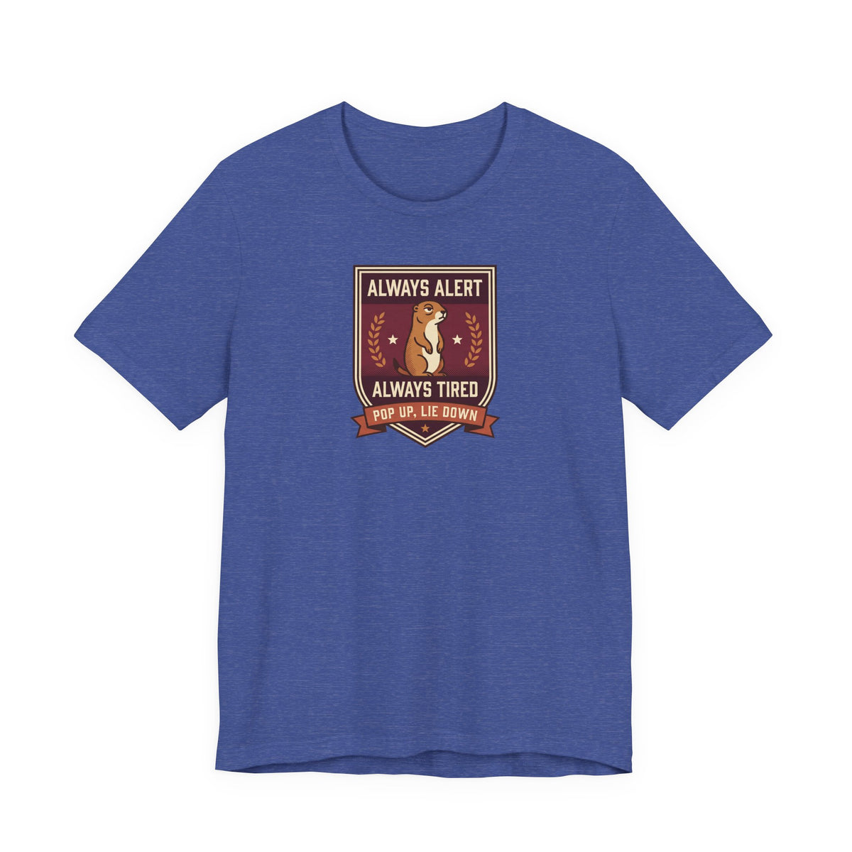 Navy blue T-shirt with squirrel crest badge graphic and “Always Alert Always Tired” text