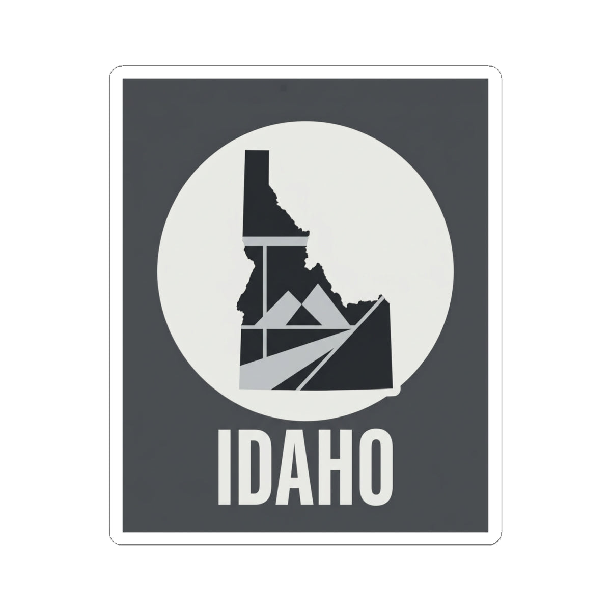 Idaho geometric map kiss-cut sticker, dark square with white circle, Idaho silhouette and IDAHO
