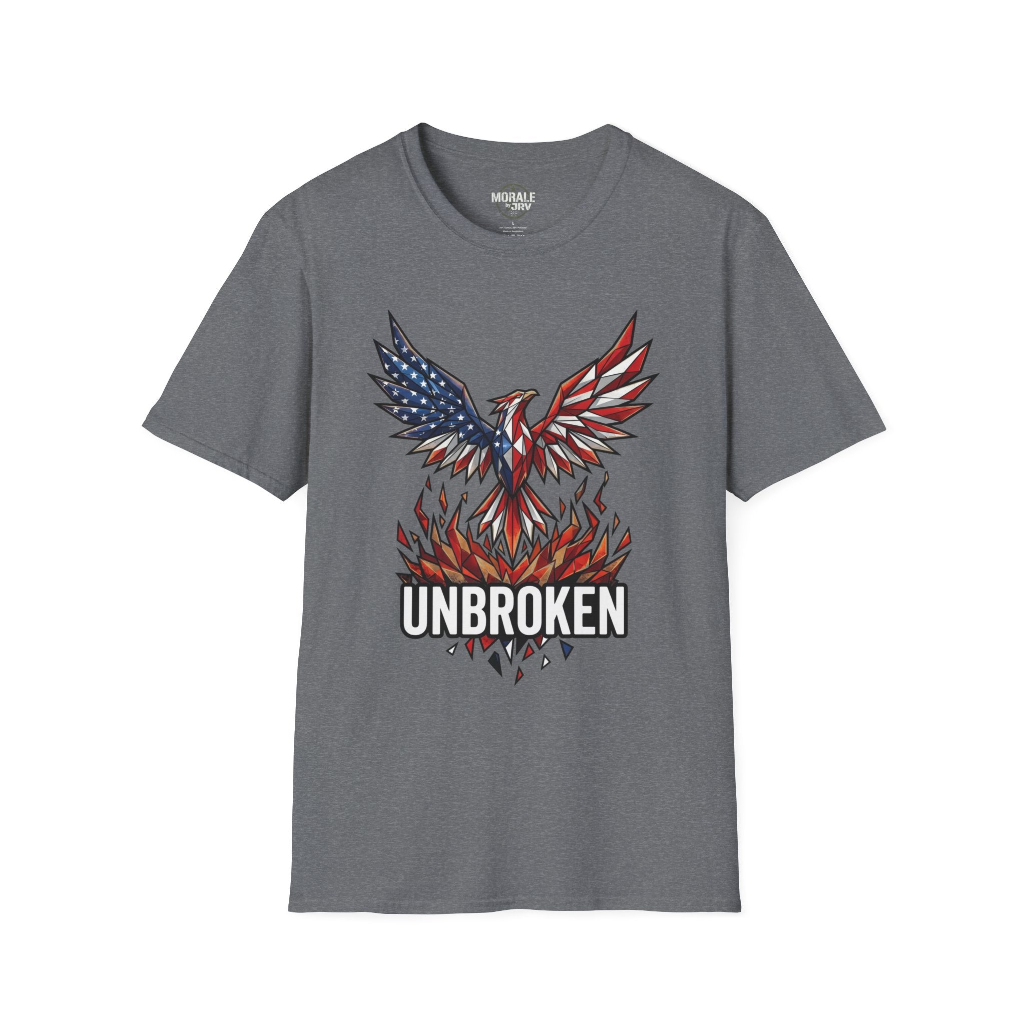 Gray heather T-shirt with "UNBROKEN" eagle phoenix graphic and American flag wings