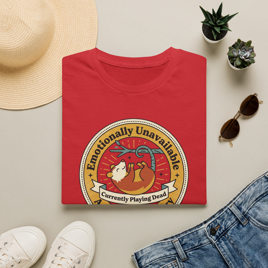 Red T-shirt with round sloth graphic and “Currently Playing Dead” text on front