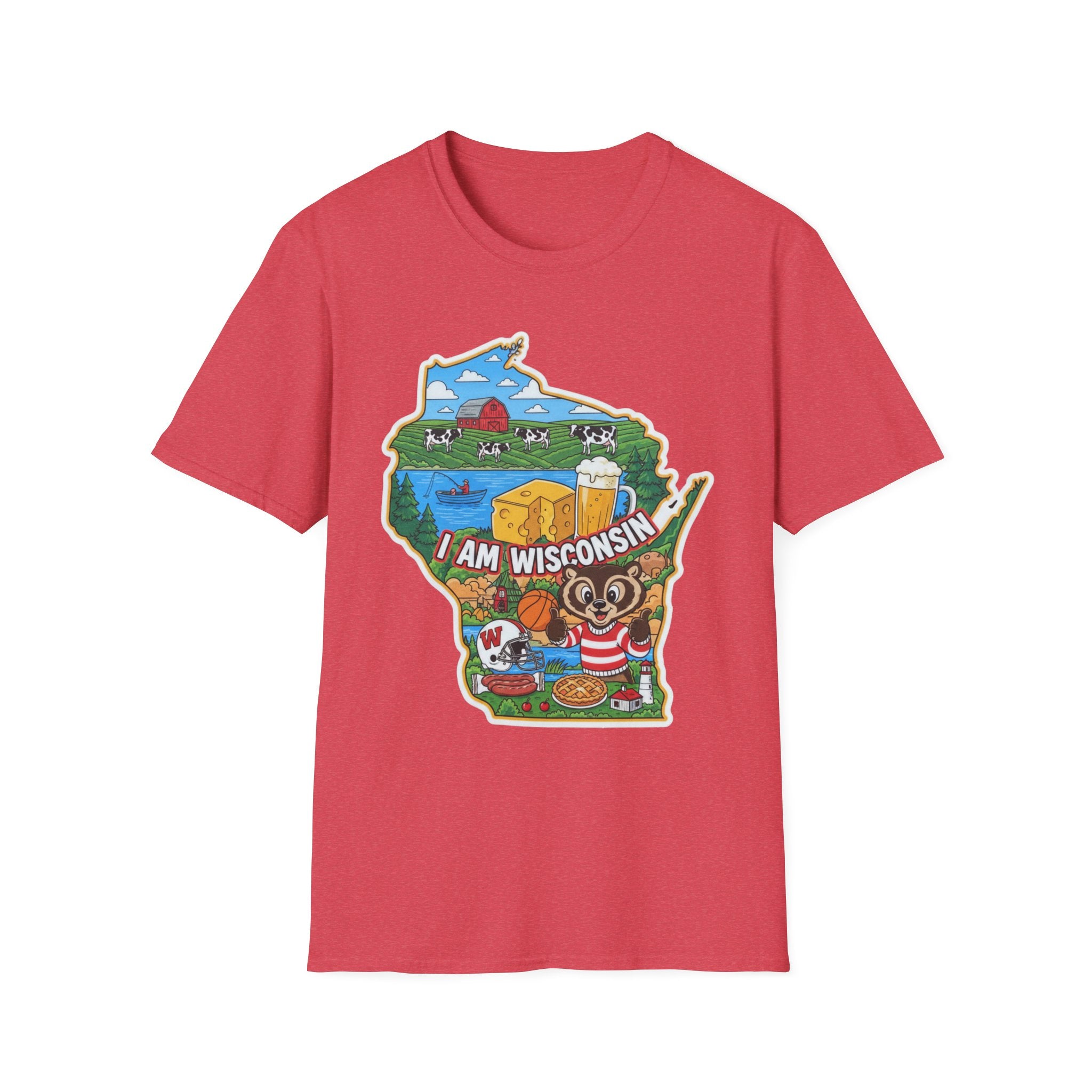I Am Wisconsin T-Shirt, red, front graphic with state map and mascot