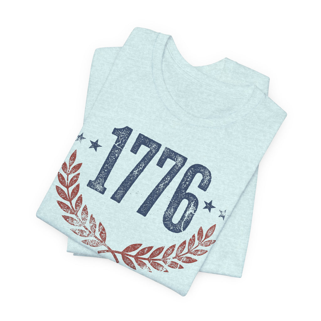 Light aqua heather T-shirt with large 1776 graphic and laurel wreath print on front