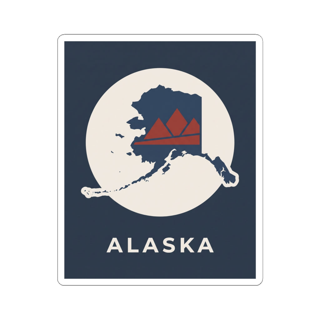 Alaska state map badge sticker with retro mountain art in red and navy