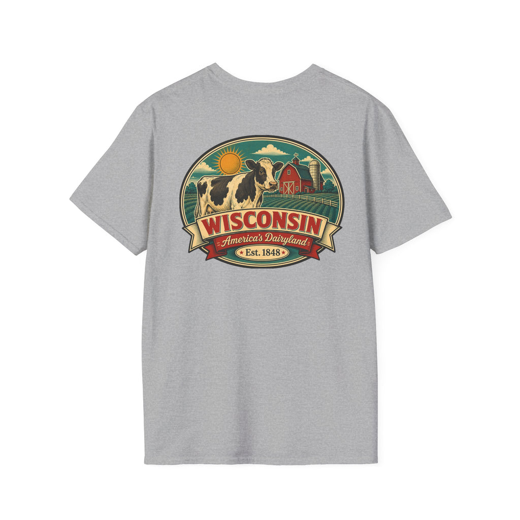 Gray Wisconsin graphic t-shirt with crest logo and cow illustration.