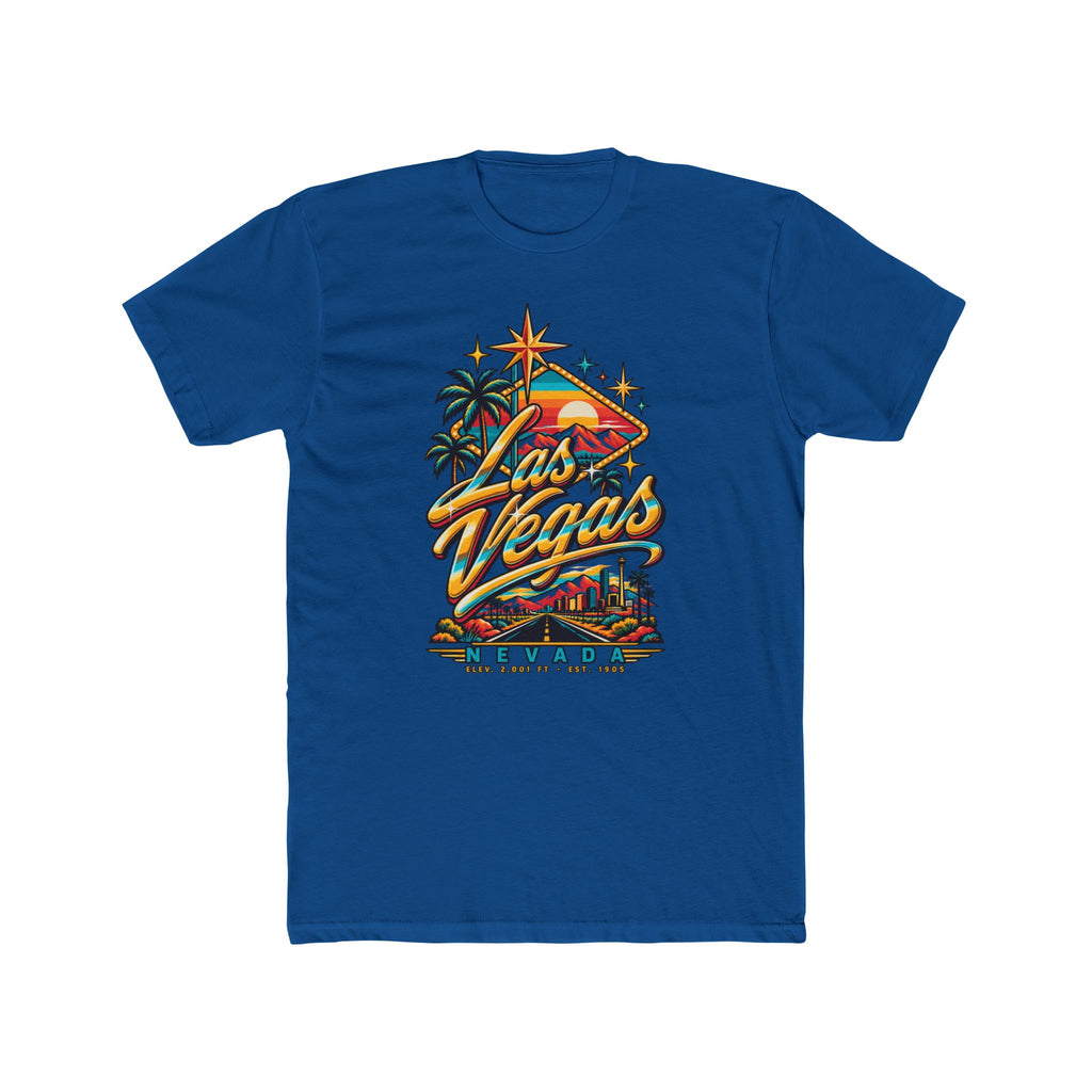 Blue t-shirt with neon-style Las Vegas sign graphic and palm trees.