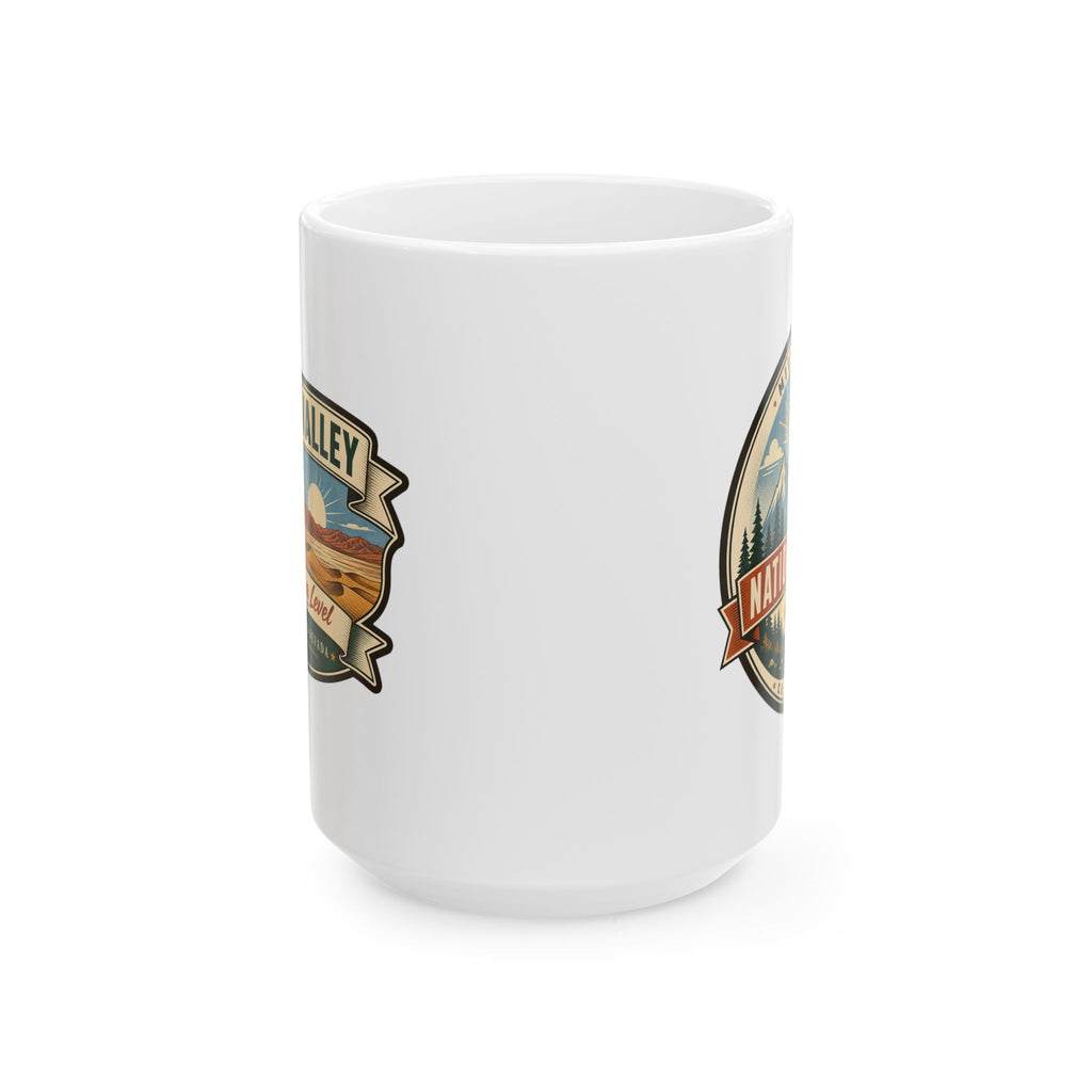 White ceramic mug with partial Death Valley logo print on side