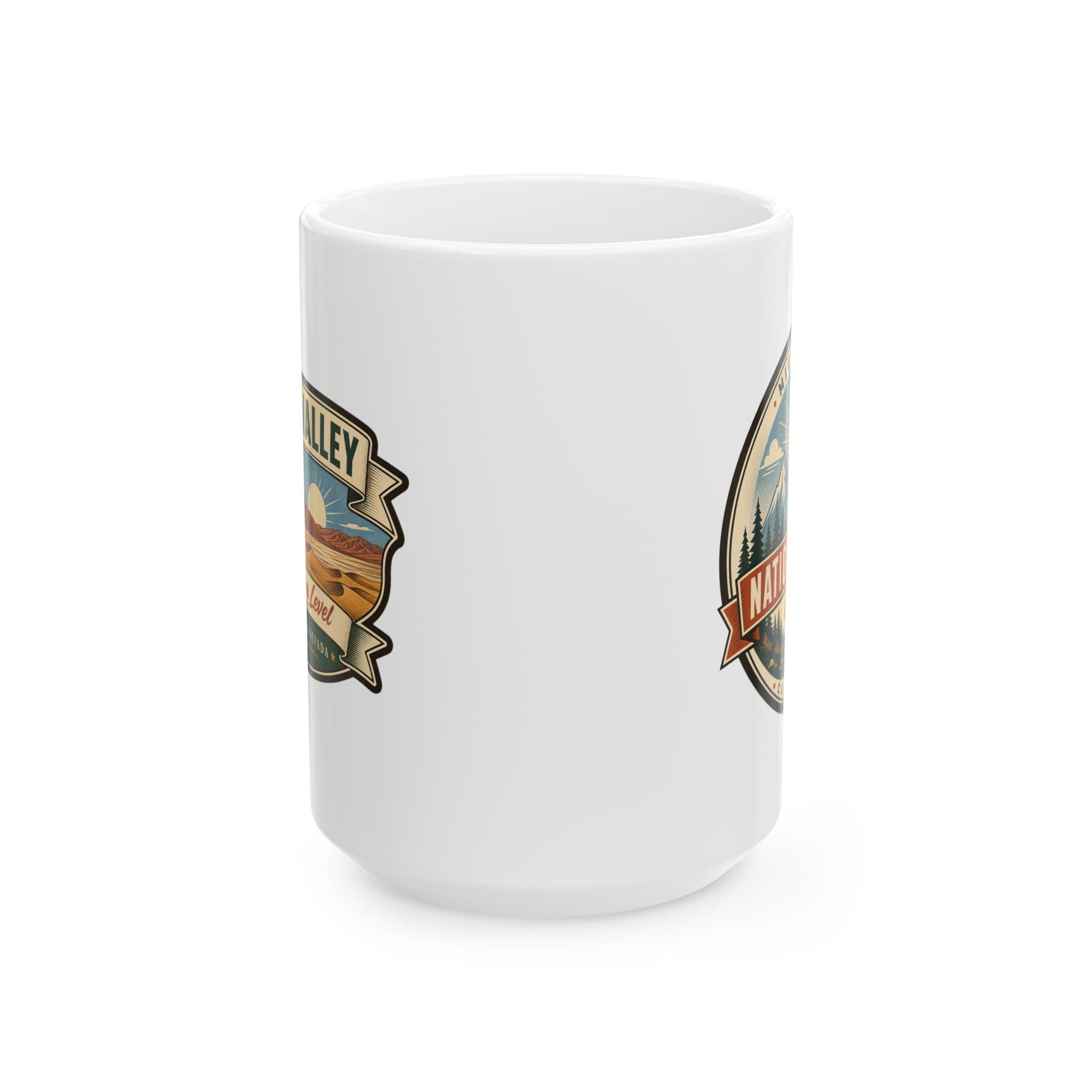 White ceramic mug with partial Death Valley logo print on side
