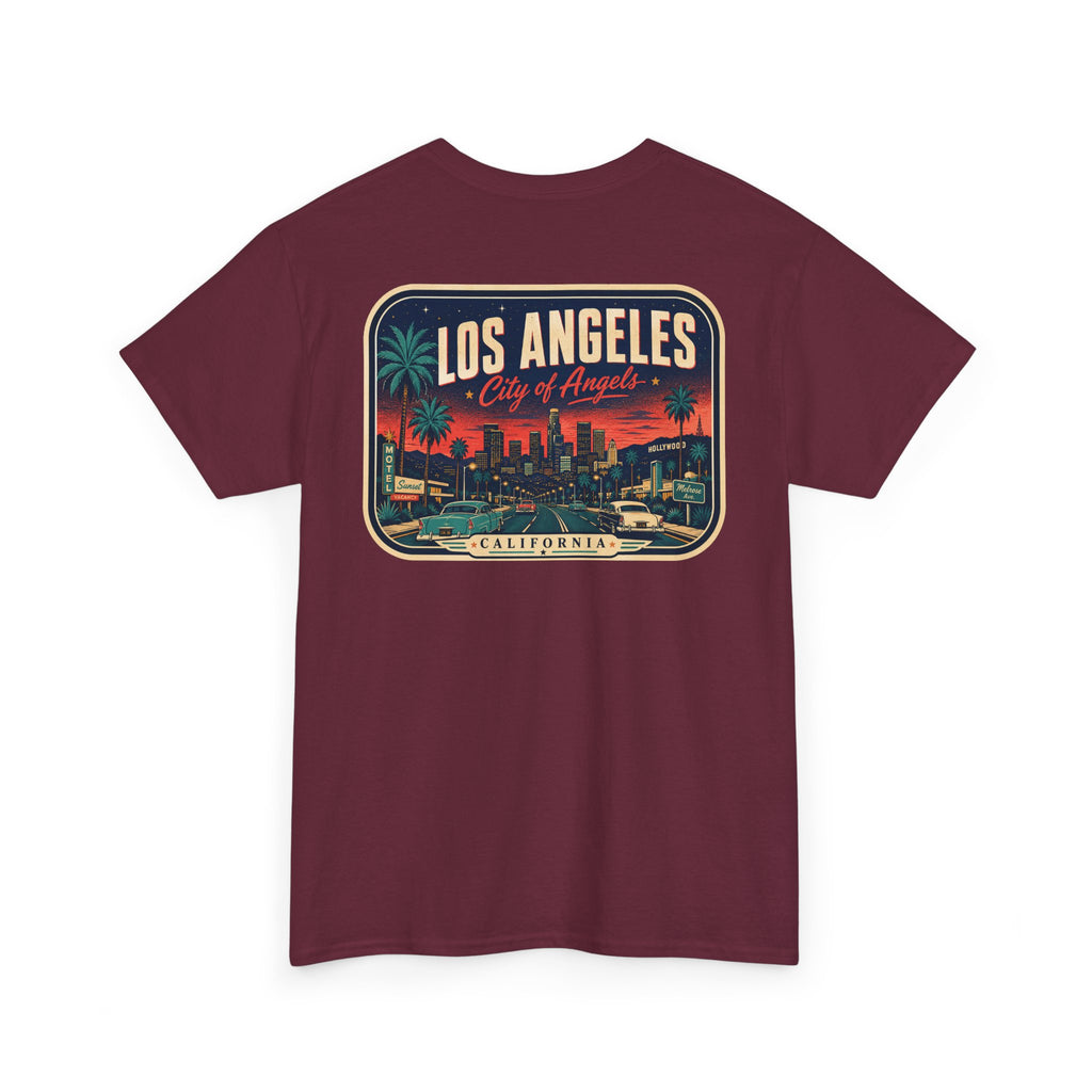 Maroon T-shirt with Los Angeles skyline badge print