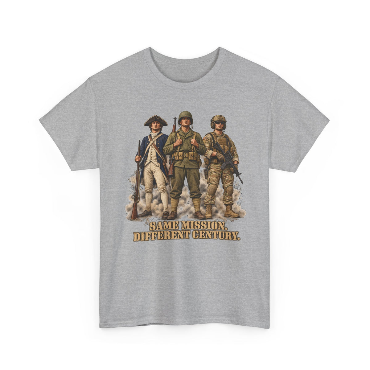 Sport grey graphic soldiers T-shirt with bold text "Same Mission Different Century."