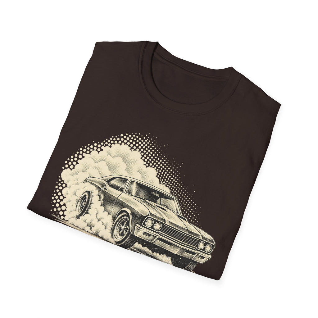 Dark brown crew-neck T-shirt with vintage muscle car graphic and cloud dot border