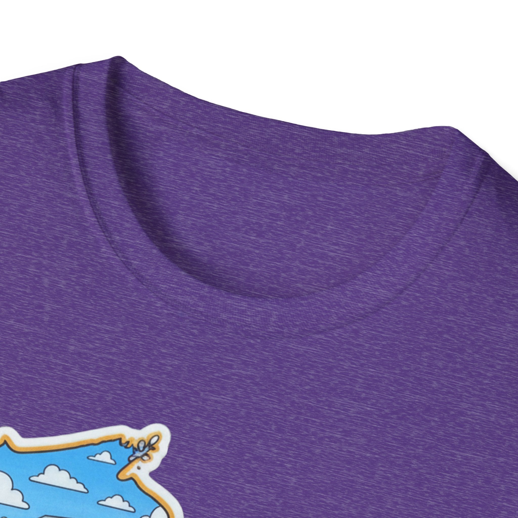 I Am Wisconsin map T-shirt in heather purple, close-up of crew neck and fabric